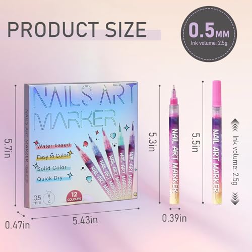 12 Color Nail Art Pen Set with Dotting & Fine Liner Brushes - Vibrant, Long-Lasting