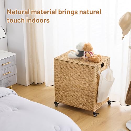 Laundry Hamper with Wheels 40.92 Gallon Water Hyacinth Wicker Basket with Lid & Removable Liners - Natural, 23.62 x 15.75 x 25.6 inches