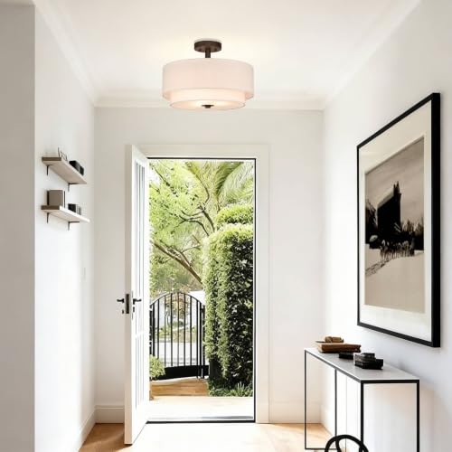 16-Inch Linen Drum Semi Flush Ceiling Light - Dark Bronze Finish