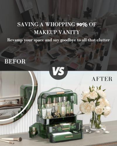 Large Transparent Makeup Organizer Box with Green Lid & Drawers - Dustproof Waterproof Storage