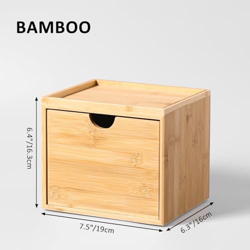 Bamboo Facial Tissue Holder with Drawer and Top Shelf for Bathroom Counter