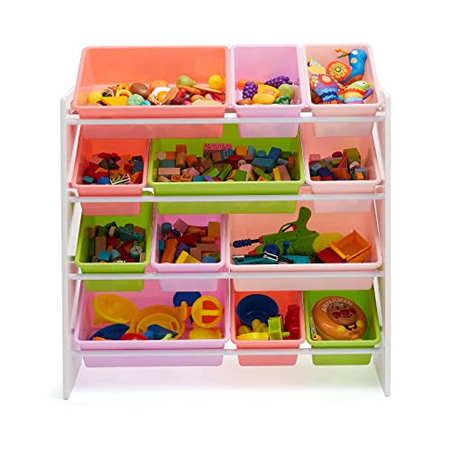 Kids Toy Storage Organizer with 12 Plastic Bins - White Wood with Pink Bins, 33.85 x 12.79 x 35.42 Inches - Variation: White Wood with Pink Bins