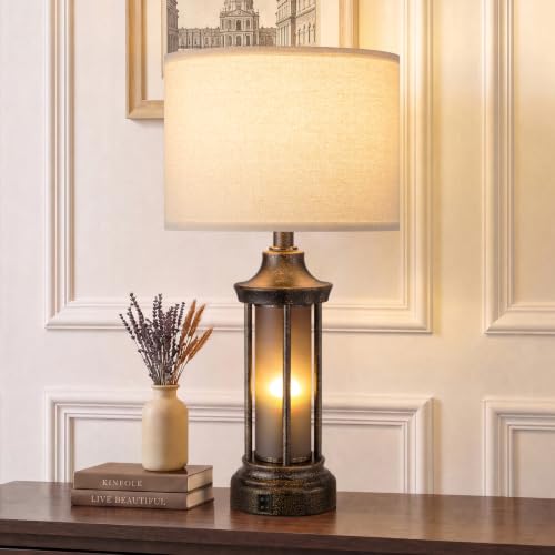 Seealle 24-inch Farmhouse & Industrial Table Lamp with Oat Shade & Bronze Base - Dual LED Night & Task Light, Black