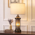 Seealle 24-inch Farmhouse & Industrial Table Lamp with Oat Shade & Bronze Base - Dual LED Night & Task Light, Black