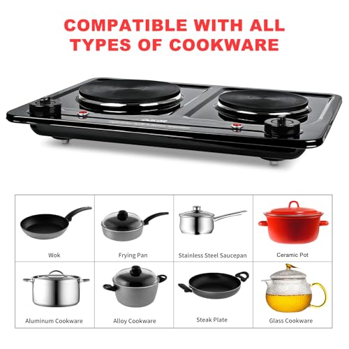 Double Burner Electric Hot Plate - Black, 1800W, Portable & Built-In