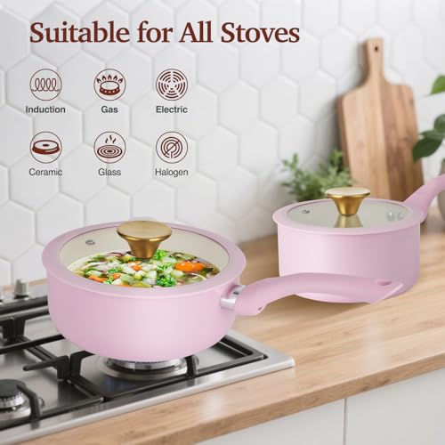 Pink Ceramic Non-Stick Pots and Pans Set - 11 Pieces, Compact Cookware