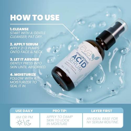 Eva Naturals Hyaluronic Acid Serum for Face ? Pure Facial Gel with Natural Moisturizing Factors + HA ? Anti-Aging Face Serum for Wrinkles, Fine Lines, Dry Skin, Lifted Glow ? 1 oz