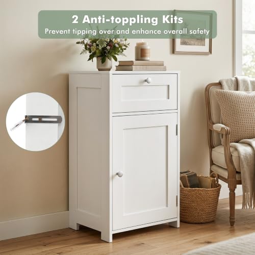 GIANTEX White Floor Bathroom Storage Cabinet 13.5"D x 17"W x 30.5"H with Door & Drawer