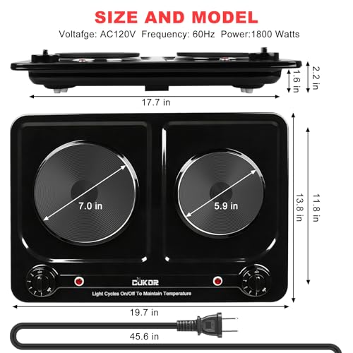 Double Burner Electric Hot Plate - Black, 1800W, Portable & Built-In