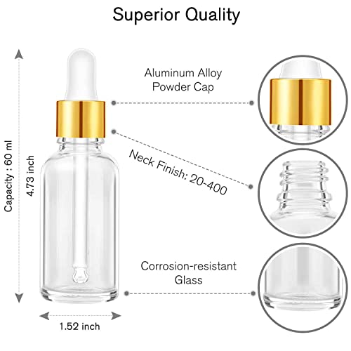 PrettyCare Glass Eye Dropper Bottles 2oz (60ml), 63 Pack Clear Empty Thick Bottles Bulk with Leakproof Golden Caps - With Labels & Funnels for for Storage, Travel,Essential Oils, DIY Serums, Tincture