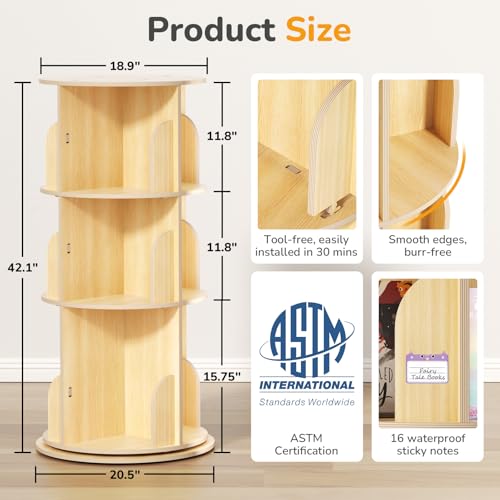 BIERUM 3-Tier 360° Rotating Kids Bookshelf Tower - Space-Saving Child & Adult Storage
