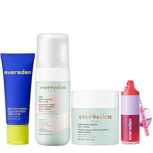 Evereden Daily Routine Set & Non-Toxic Lip Gloss: Clean & Vegan Skin Care for Kids - Nourishing Tween Skincare with Multi-Vitamin Face Wash, Face Cream, SPF 30 Sunscreen & Tinted Lip Gloss