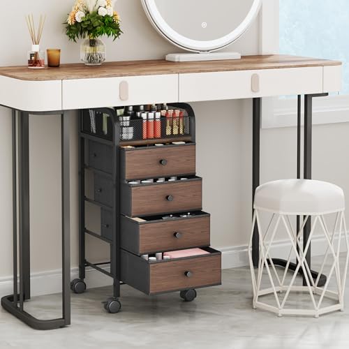 SWTYMIKI Rolling Makeup Organizer Cart - Floor Skincare Make Up Storage with 4 Non-woven Drawers, Vanity Organizer Cosmetic Display Cases Cabinet for Skin Care Perfume Nail Polish Brush Hair Tool