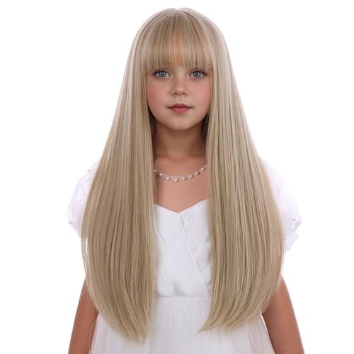 Kids Long Ash Blonde Straight Wig - 21-Inch Costume Hair with Adjustable Cap