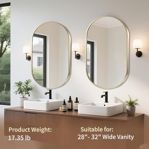 Gold Oval Bathroom Mirror 24x36 with Brushed Metal Frame, Wall Mount Vanity Mirror by Jenbely (24" L x 36" W)