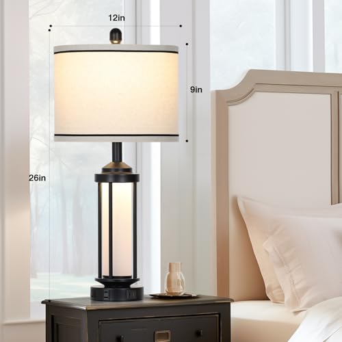Set of 2 Black Farmhouse Rustic Industrial Table Lamps with USB+C Ports & AC Outlet - 26 Inch Bedside Lamps with LED Night Light & Linen Shade - Variation of THIS listing