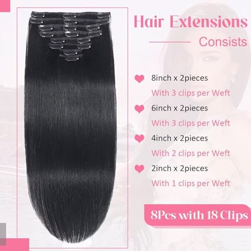 Clip in Hair Extensions 14 Inch 100% Human Remy Hair Jet Black 3.2oz - Salon Quality