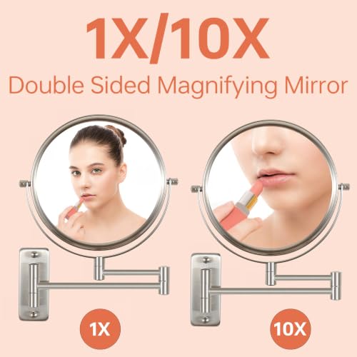 Wall Mount Makeup Mirror with 1X/10X Magnification - Nickel Finish - 16.8-Inch Extendable Swivel