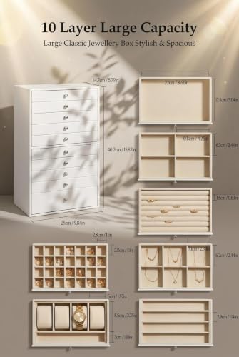 White Large Jewelry Box with 10 Drawers - Jewelry Storage Organizer for Watches, Earrings, Necklaces, Rings, Bracelets - GUKA 10 Layer
