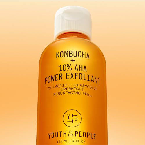 Youth To The People Kombucha + 10% AHA Power Exfoliant (4 fl oz), Overnight Resurfacing Peel, Helps Fade Discoloration + Smooth Skin Texture, Lactic + Glycolic Acid, Fragrance-free, Vegan
