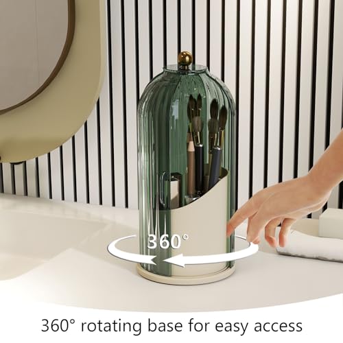 Makeup Brush Holder with Dustproof Cover 360 Rotating Makeup Brush Organizer for Vanity Bathroom, Green