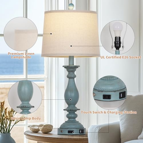 Blue Coastal Table Lamps Set of 2 - 28 Inch Dimmable Bedside Touch Lamps with USB & Outlet