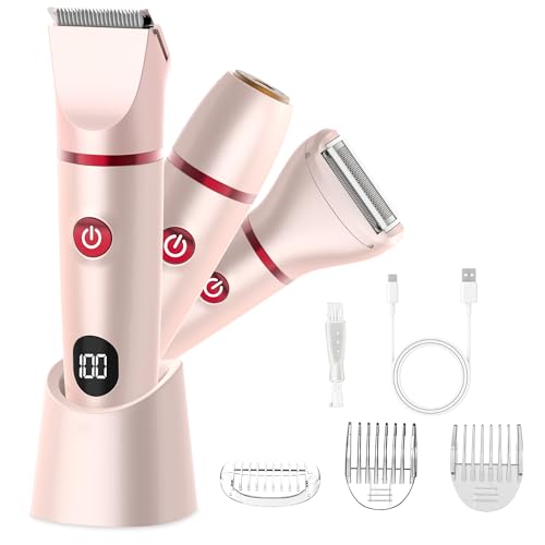 Bikini Trimmer for Women, Electric Razor for Pubic Hair 3-in-1, Bikini Shaver for Legs Body Hair, Womens Electric Razor IPX6 Waterproof, Gifts for Women,Pink