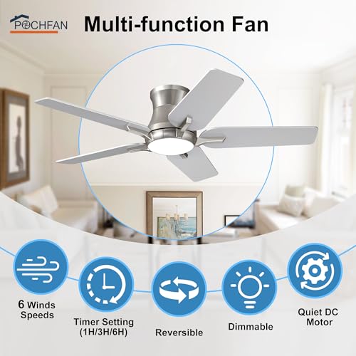 42 Inch Ceiling Fan with Lights and Remote, Reversible Flush Mount Low Profile Fan - Brushed Nickel