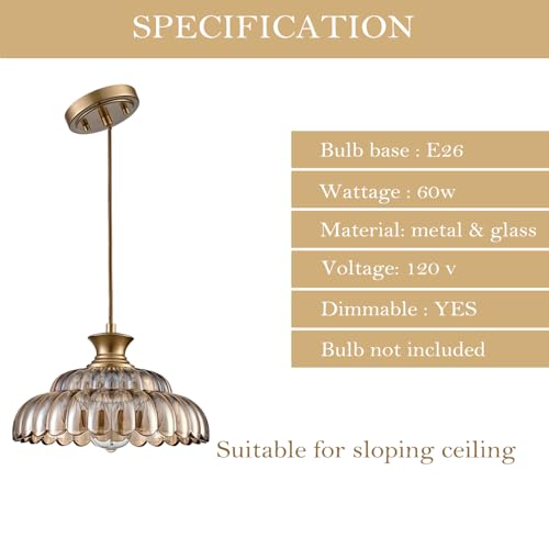 Vintage Amber Glass Pendant Light with Adjustable Brass Chain - Floral Design