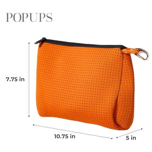 POPUPS Brand Large Makeup Bag with Zipper - Neoprene Machine Washable Travel Toiletry Cosmetic Organizer Pouch for Women (Basic Burnt Orange)