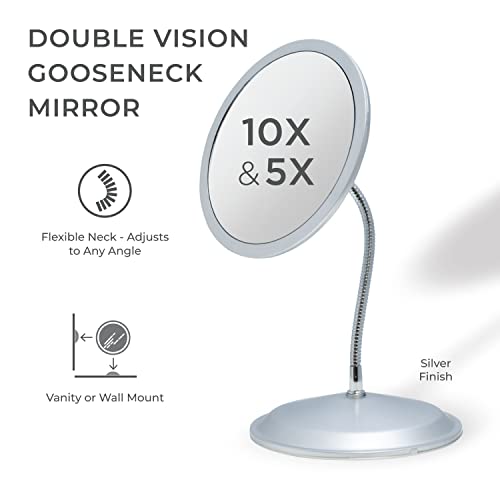Zadro Double Vision 5X/10X Wall-Mount Makeup Mirror with Gooseneck Arm, USA Made
