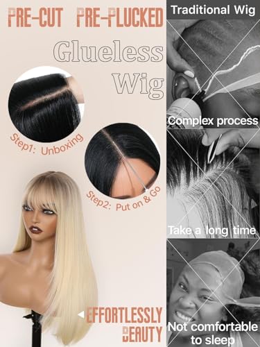 Cool Platinum Blonde Glueless Wig with Bangs | 26 Inch Long Straight