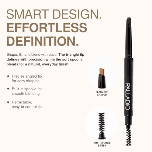Palladio Brow Definer Retractable Pencil, Triangular Tip Fills Brows for a Natural Look, Tame and Shape Eyebrows with Spoolie Brush, Eyebrow Shaper, Buildable Light to Dark Colors, (Taupe)