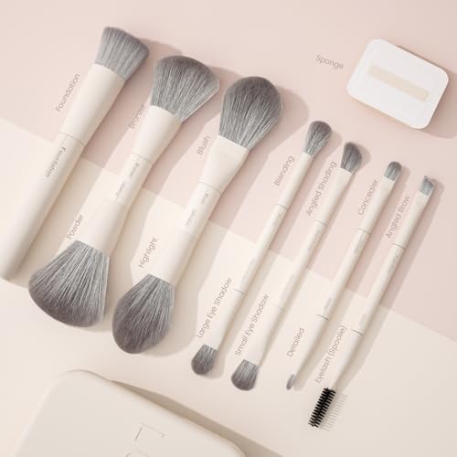 Cream White 13-in-1 Dual-Ended Makeup Brush Set with Sponge - Compact & Travel-Friendly