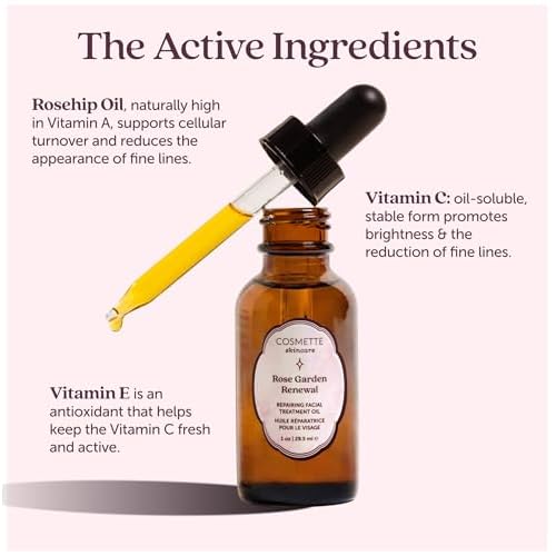 Cosmette Rose Garden Renewal - Anti-Aging Natural Retinol Face Serum with Rosehip Seed Oil, Vitamins A, C, & E, Argan Oil - Treatment for Fine Lines, Wrinkles, and Dark Spots | 1 FL Oz