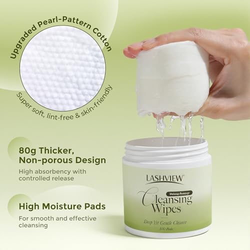 LASHVIEW Makeup Wipes Remover Gentle Eye Makeup Remover Pads Korean Micellar Water Cleansing Wipes, Biodegradable & Oil-Free for Face, Eyes, Sensitive Skin with Applicator, 100ct