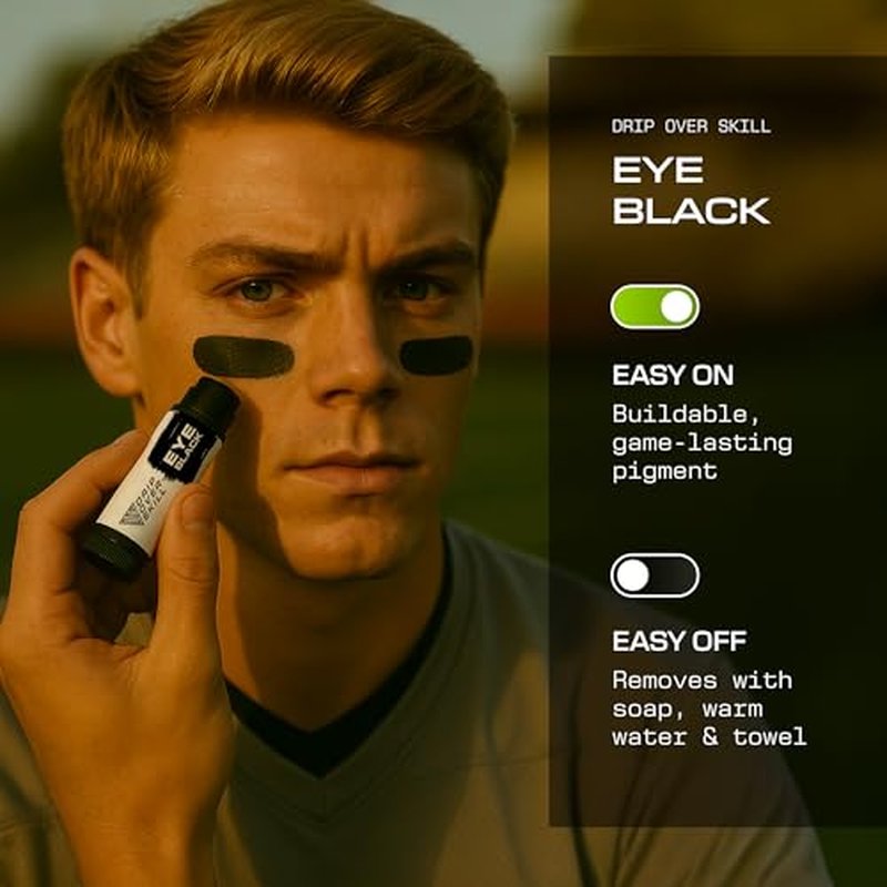 Eye Black by DRIP Over Skill, Made with Natural Ingredients, 2 Pack, Carry Clip & DRIP Band, Skin-Safe Sports Face Paint, Repels Sweat, Anti-Glare for Baseball, Football, Softball, Lacrosse