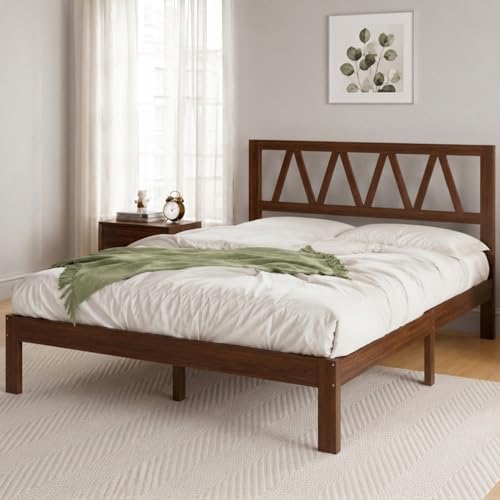 Twin Bed Frame Wooden Bed with Headboard - Walnut, No Box Spring Needed, Easy Assembly