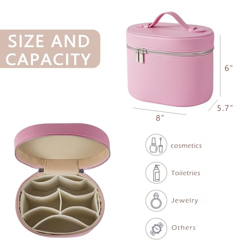 Pink Makeup Bag Vanity Case with Divider & Handle - Waterproof PU Leather Portable Cosmetic Organizer