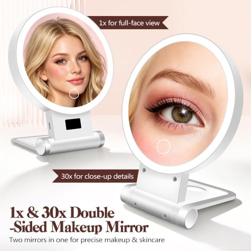 Magnifying Makeup Mirror with Light - 30X & 1X Double Sided, Travel Foldable, 3 Color Modes, Adjustable Brightness, Cloudwhite
