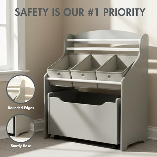 Humble Crew 3-in-1 Kids Bookshelf & Toy Organizer - Grey | Rolling Toy Storage for Toddlers
