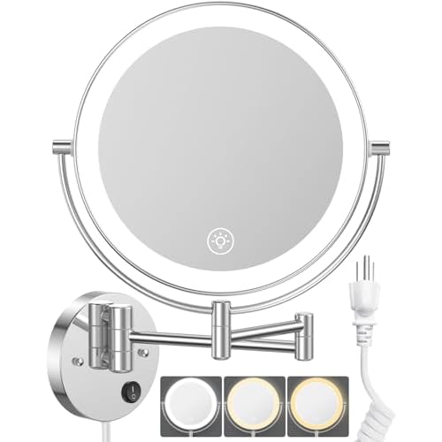 Benbilry 9" Large Wall Mounted Lighted Makeup Mirror, 1X/10X Magnifying 2-Sided AC Plug-in Powered Bathroom Mirror with 3 Color Lights, Touch Dimmable, Extended Arm 360¡Æ Rotation, Chrome