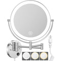 Benbilry 9" Large Wall Mounted Lighted Makeup Mirror, 1X/10X Magnifying 2-Sided AC Plug-in Powered Bathroom Mirror with 3 Color Lights, Touch Dimmable, Extended Arm 360¡Æ Rotation, Chrome