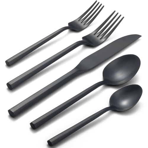 Black Hexagon Forged Silverware Set for 4 - 20-Piece Stainless Steel Flatware