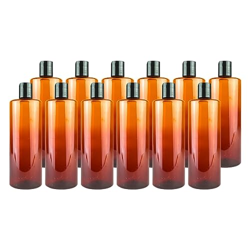 Plastic Amber Bottles (Pack of 12) - 16oz Amber Plastic Bottle with Screw Caps; Used as Reusable Shampoo, Lotion, Travel, Body Wash Container