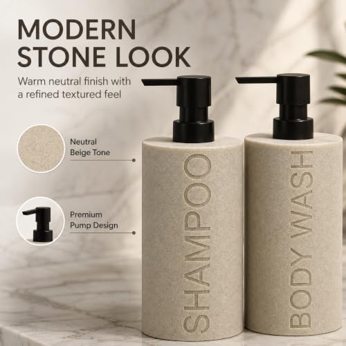 Tan Refillable Resin Shampoo & Body Wash Dispenser Set with Matte Pump Top – Durable Bathroom Accessory