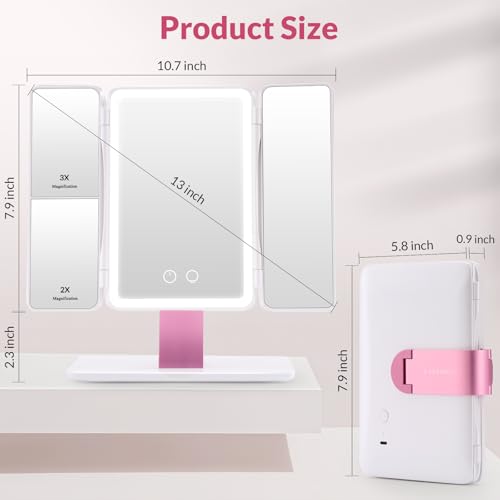 EASEHOLD Foldable Tri-Fold Lighted Makeup Vanity Mirror with 60 LED Lights, 1X/2X/3X Magnification, Touch Control Dimming, 3000mah Rechargeable, 360¡Æ Rotation, Portable Travel Folding Compact Mirror