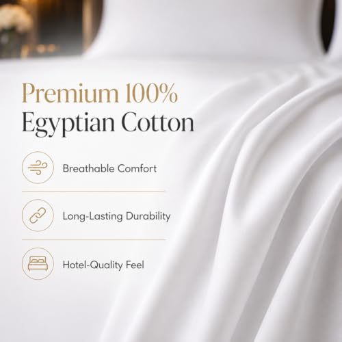 HYPREST White Queen Egyptian Cotton Deep Pocket Bed Sheets 18 Inch Percale