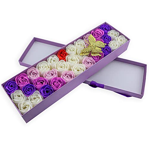 JIALEEY 33 PCS Floral Scented Bath Soap Rose Flower Petals, Plant Essential Oil Rose Soap Set Gifts Ideas for Her Women Girls Mom Valentine's Day, Purple Gift Box