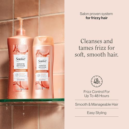 Suave Keratin Infusion Smoothing Shampoo 2-Size Bundle, Gentle Everyday Cleanser for Smooth, Manageable Hair, 48H Frizz Control